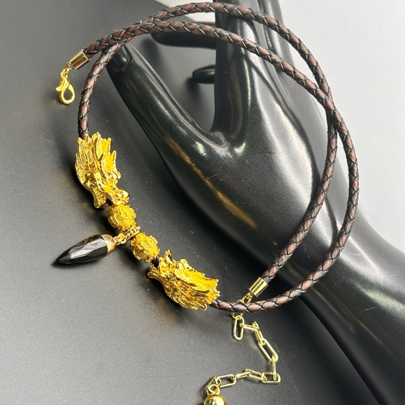 DRAGONS HEAD + ONYX NATURAL CHOKER NECKLACE size adjustable - Picture 6 of 11